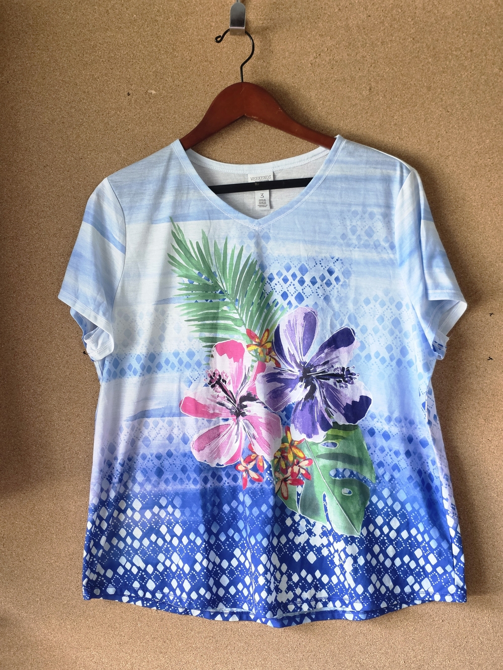 Chico’s Weekends Hibiscus Palm Print Short Sleeve Blouse Size 3 (XL) Tee Shirt
